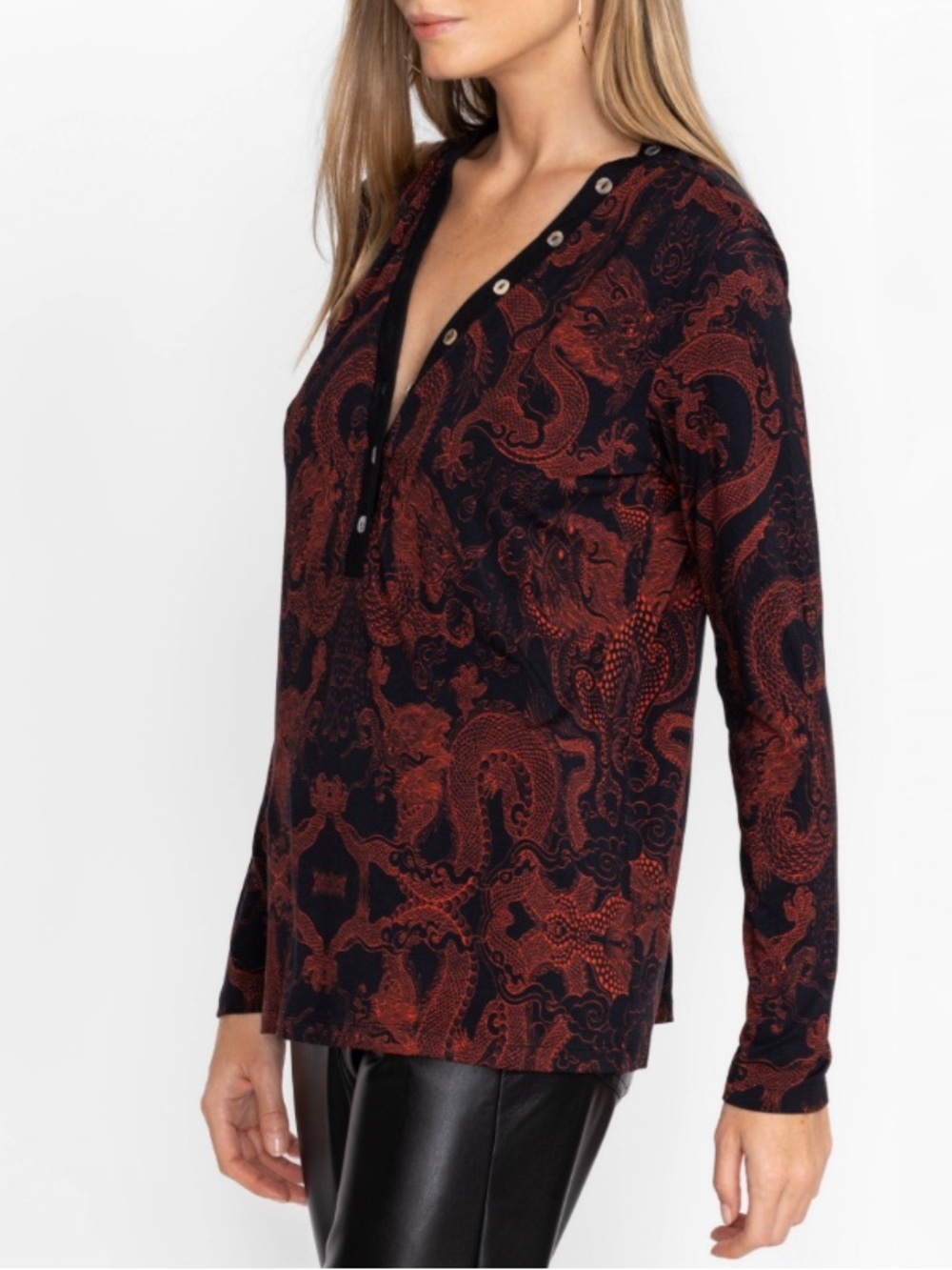 Johnny Was MAYLA BUTTON NECK L/S TEE Dragon Print Long-Sleeve V-Neck Top - Picture 2 of 3